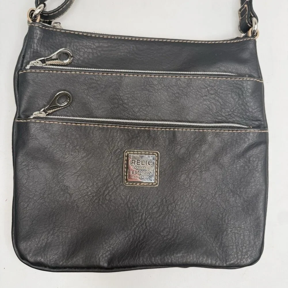 Relic Black Faux Leather Crossbody Organizer Purse Silver Hardware 9x9x1
